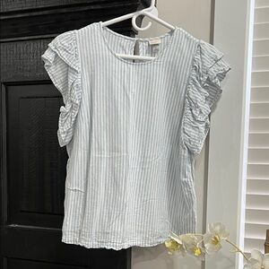 XL a new day Light Blue Striped Ruffle Sleeve Linen Blouse